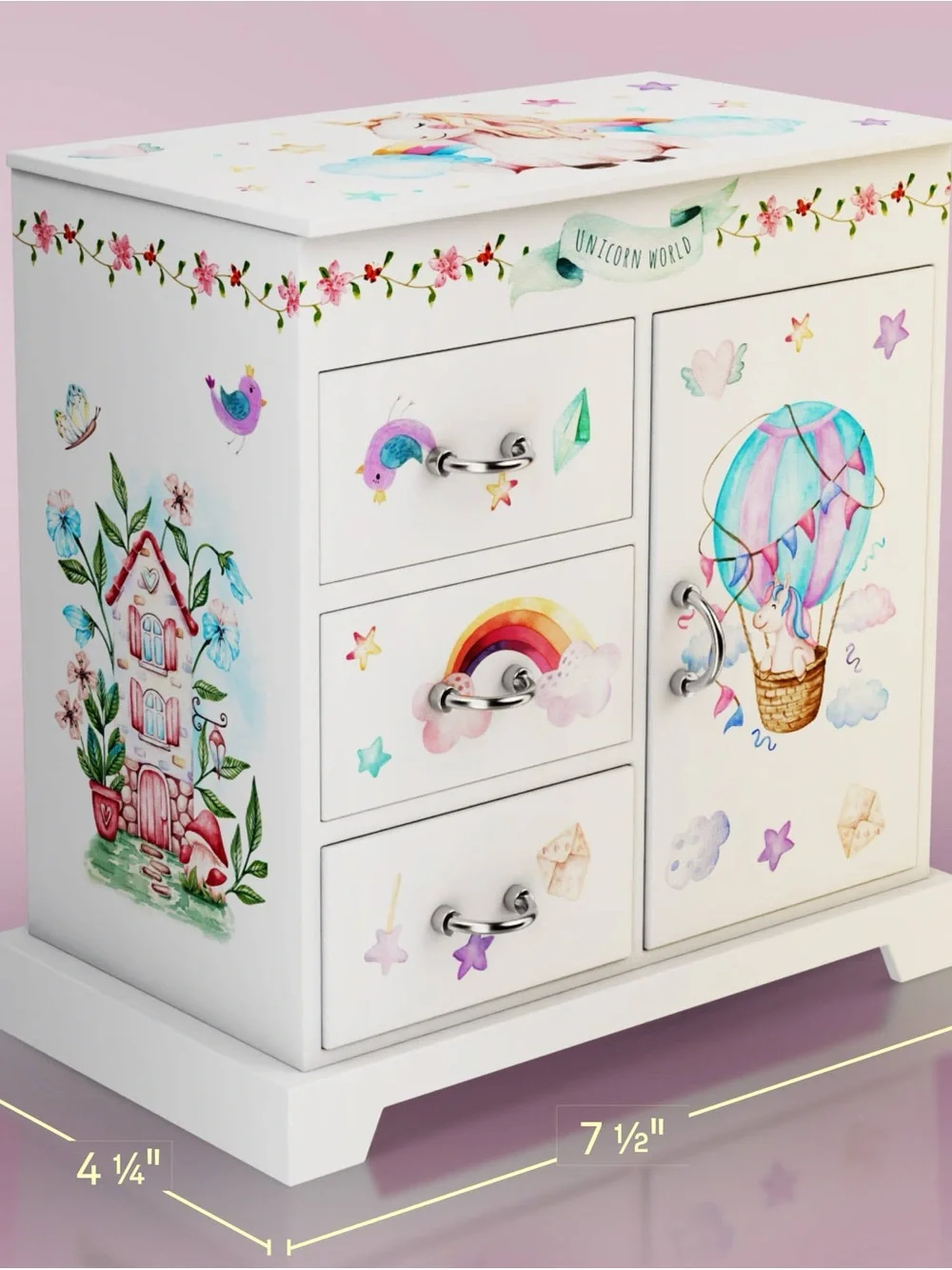 NIB Unicorn Musical Jewelry Box Kids 3 Drawer Chest Spinning Unicorn & Mirrors